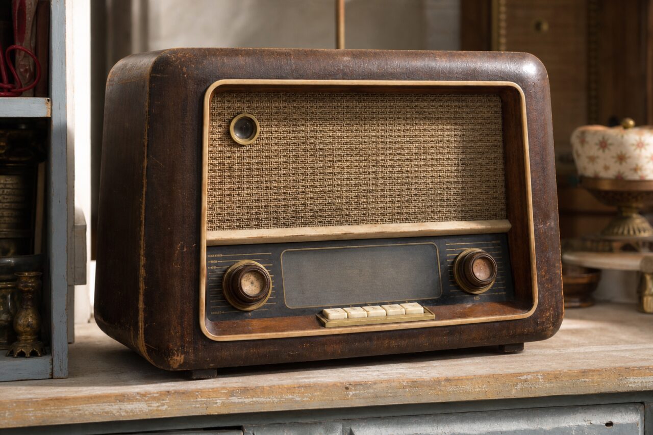 Old wooden radio set shaped by side light in a vintage antiques shop
