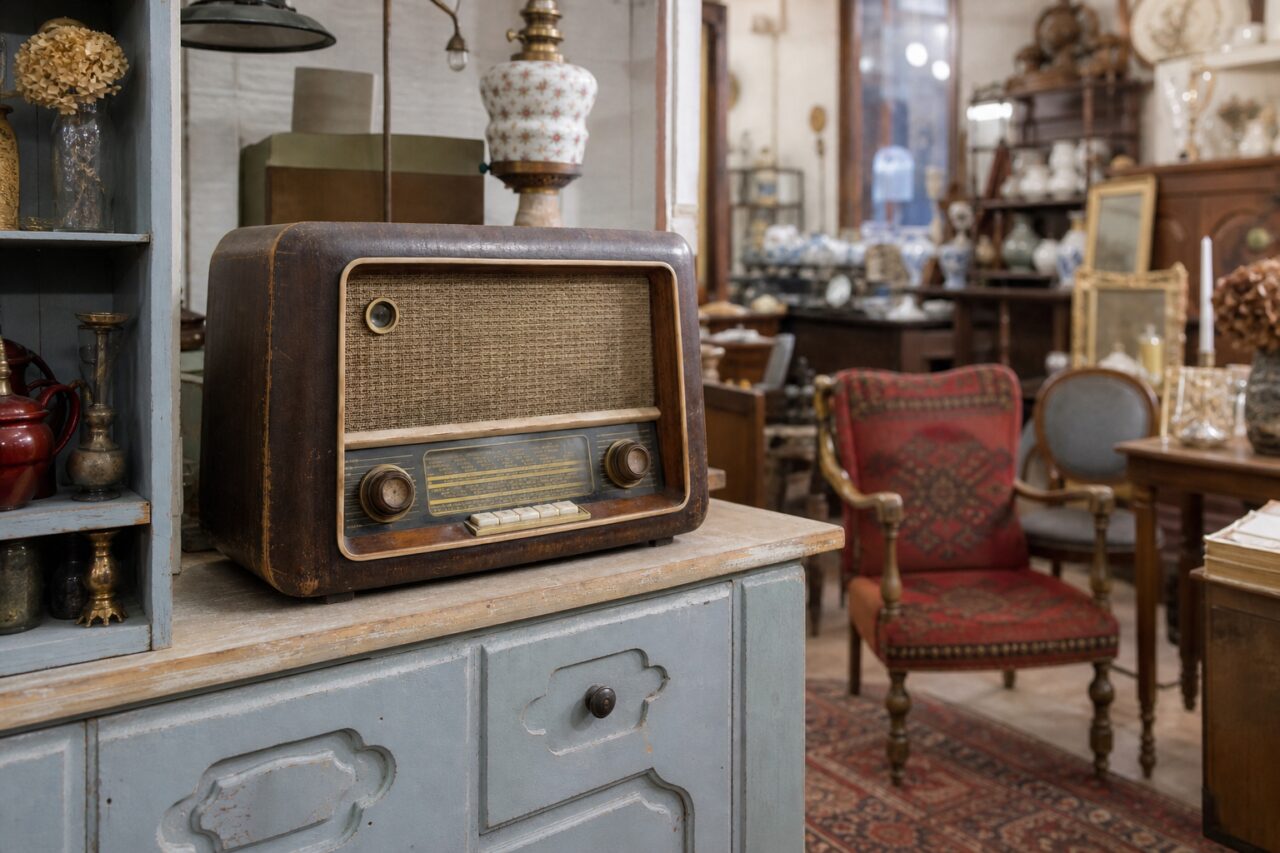 Rádio antigo de madeira no ambiente amplo de uma loja de antiguidades