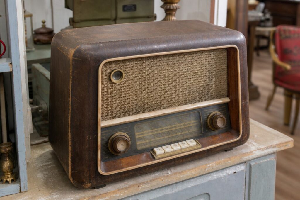 Holzradio in leichter Aufsicht mit abgerundetem Gehäuse und Tastenreihe