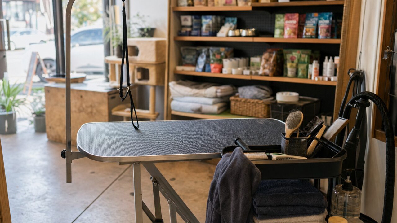 Trimplek voor honden met antisliptafel in een gespecialiseerde dierenwinkel