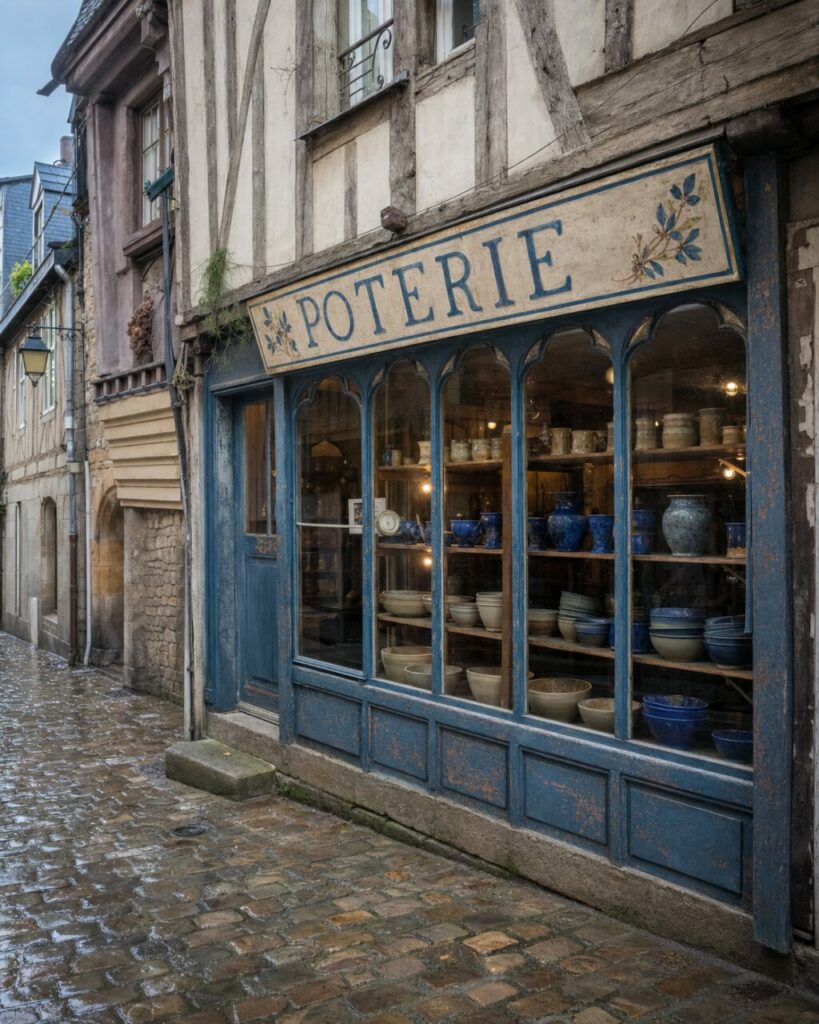 Poterie ancienne à Vannes, enseigne bleue et céramiques dans une devanture à pans de bois