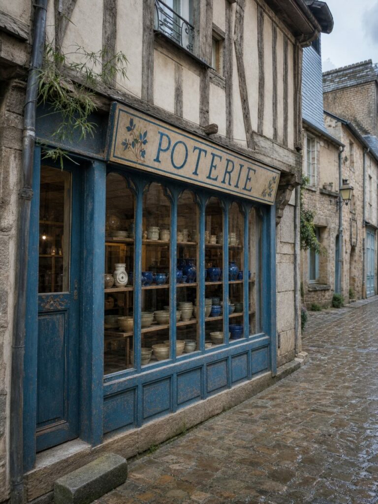 Poterie historique de Vannes, façade bleue et vases artisanaux dans une rue médiévale