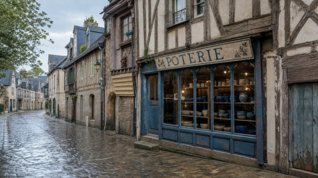 Poterie de Vannes dans une ruelle historique, céramiques exposées derrière une façade bleue