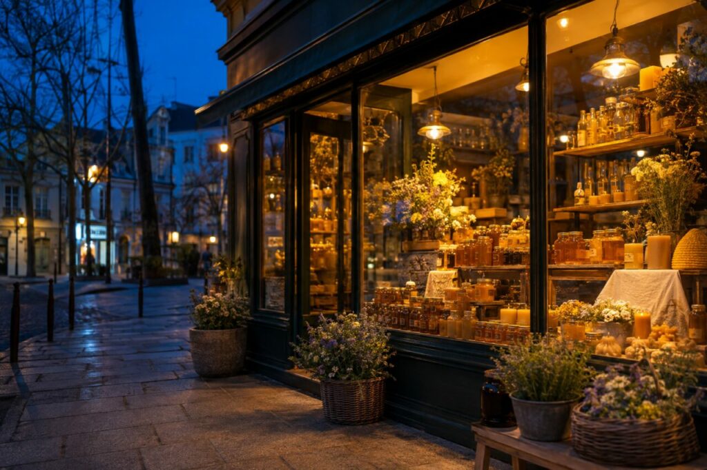 Pots de miel éclairés dans la vitrine au crépuscule
