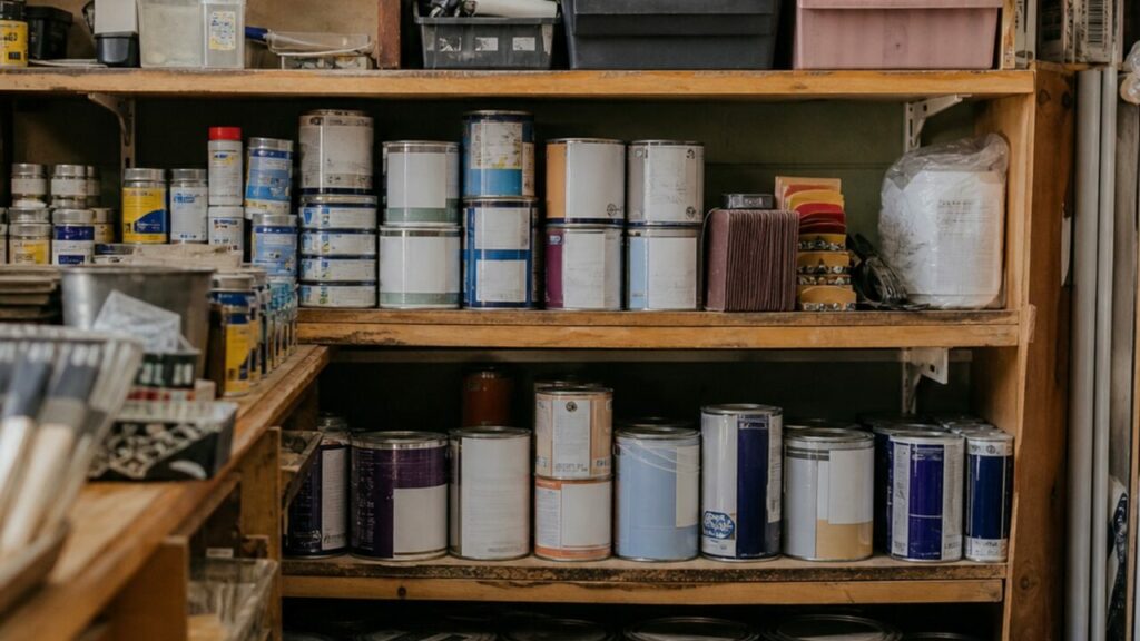 Pots de peinture alignés sur une étagère en bois