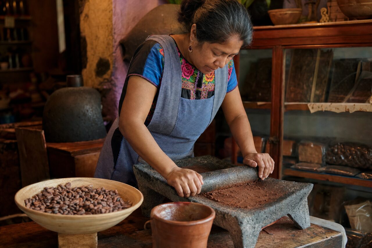 Cacaobereiding op een metate