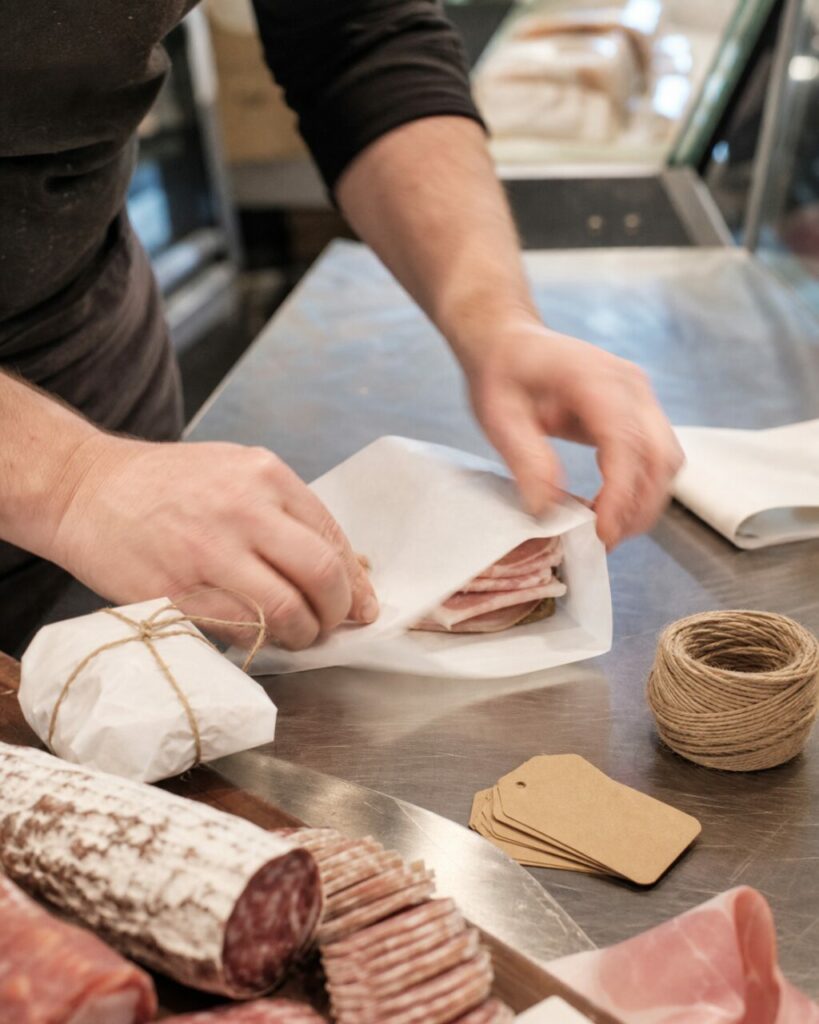 Préparation d’une commande de charcuterie sur papier dans une boutique-traiteur