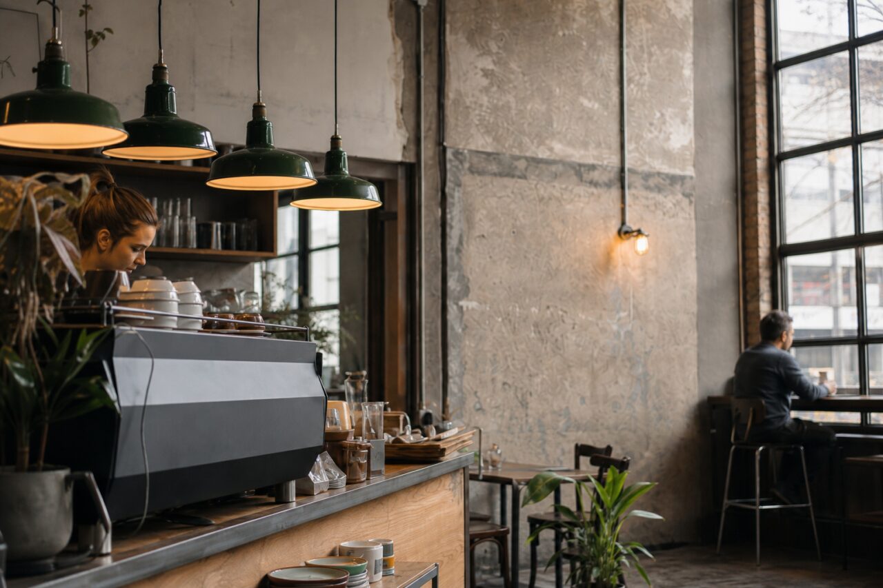 Koffiebereiding onder vier groene hanglampen