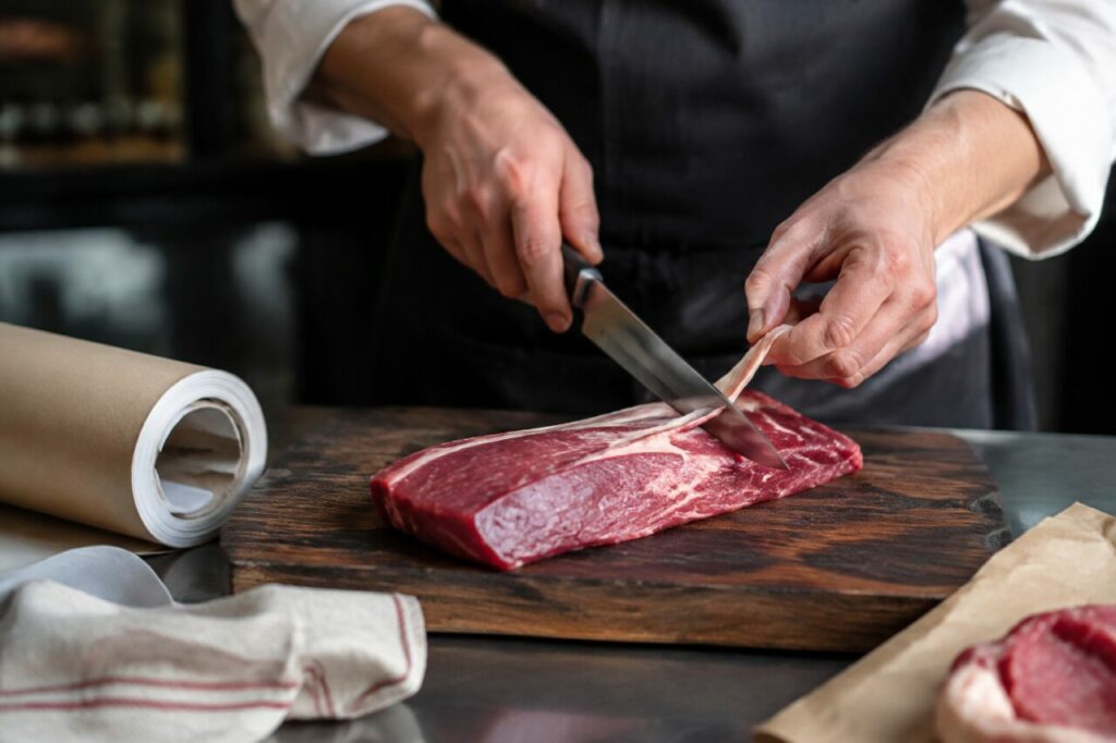 Préparation de viande sur papier de boucherie à l’établi
