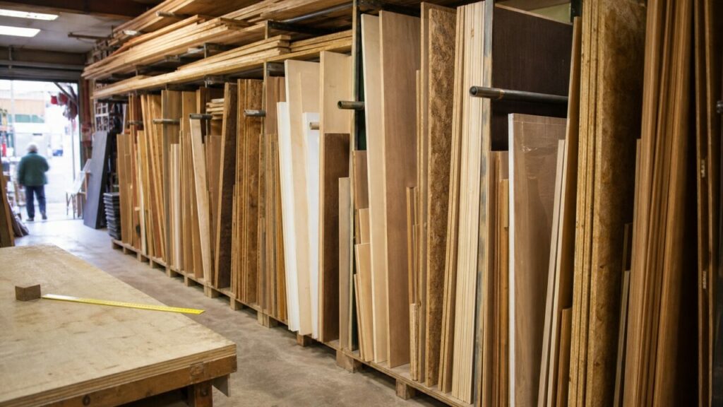 Présentation horizontale de panneaux et planches de bois sur supports