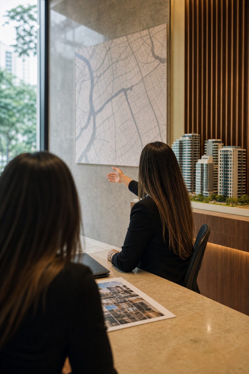 Presentación inmobiliaria en São Paulo frente a maquetas de edificios