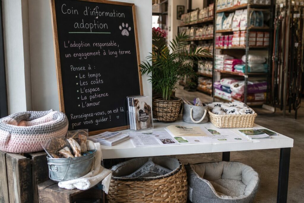 Adoptionsdisplay mit Tafel und Tierzubehör