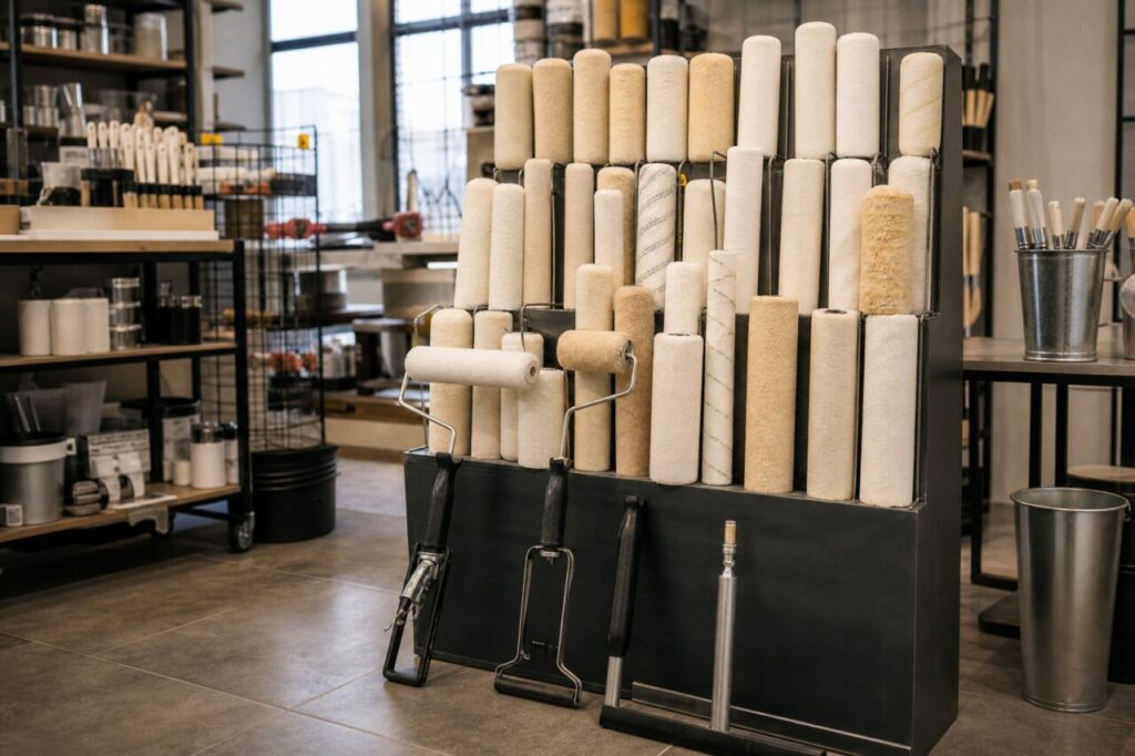 Présentoir complet de rouleaux dans un espace de fournitures