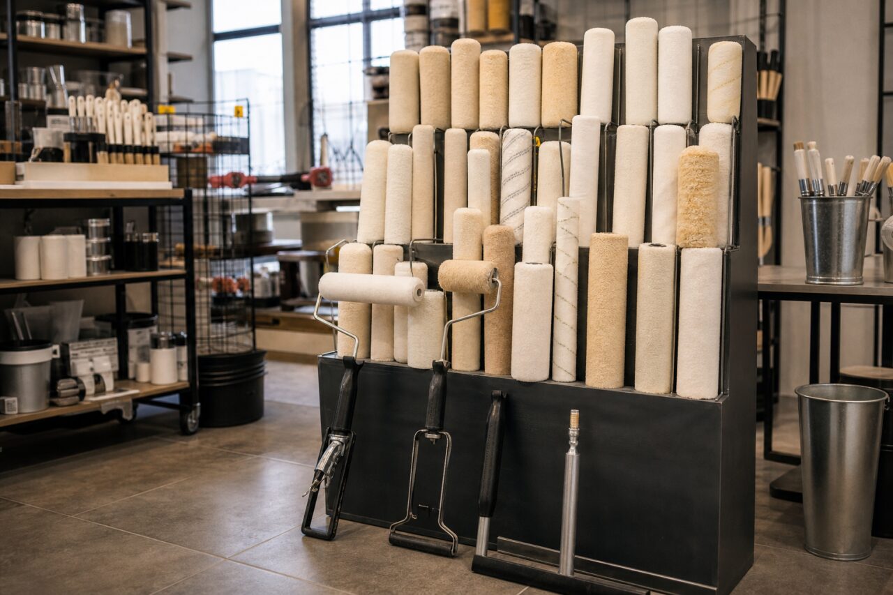 Présentoir complet de rouleaux dans un espace de fournitures