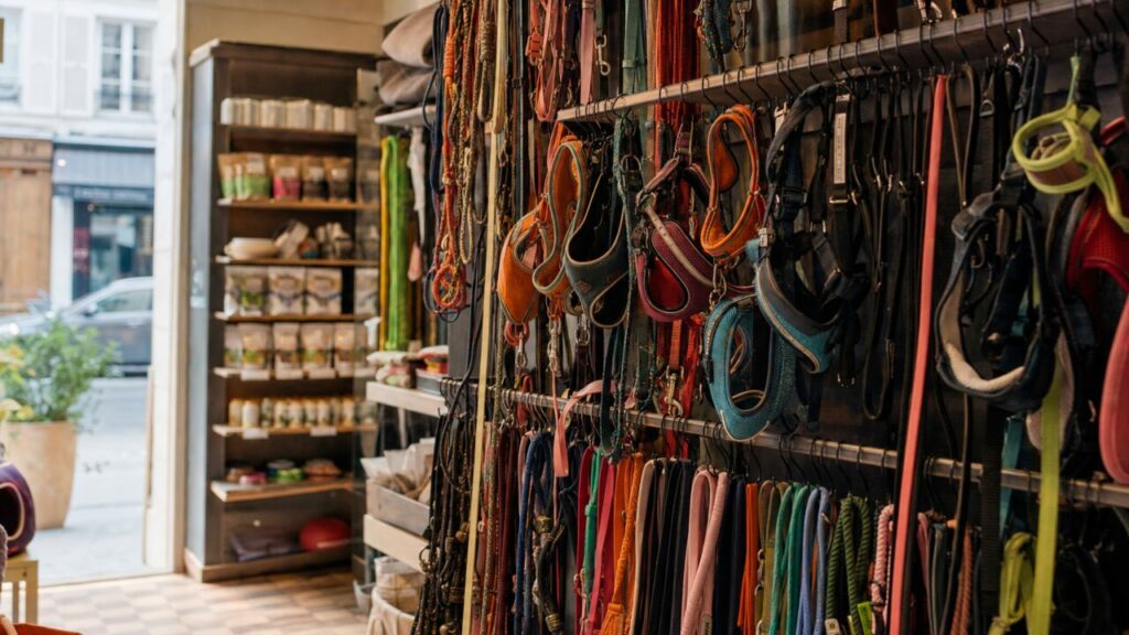 Display of dog harnesses and leads