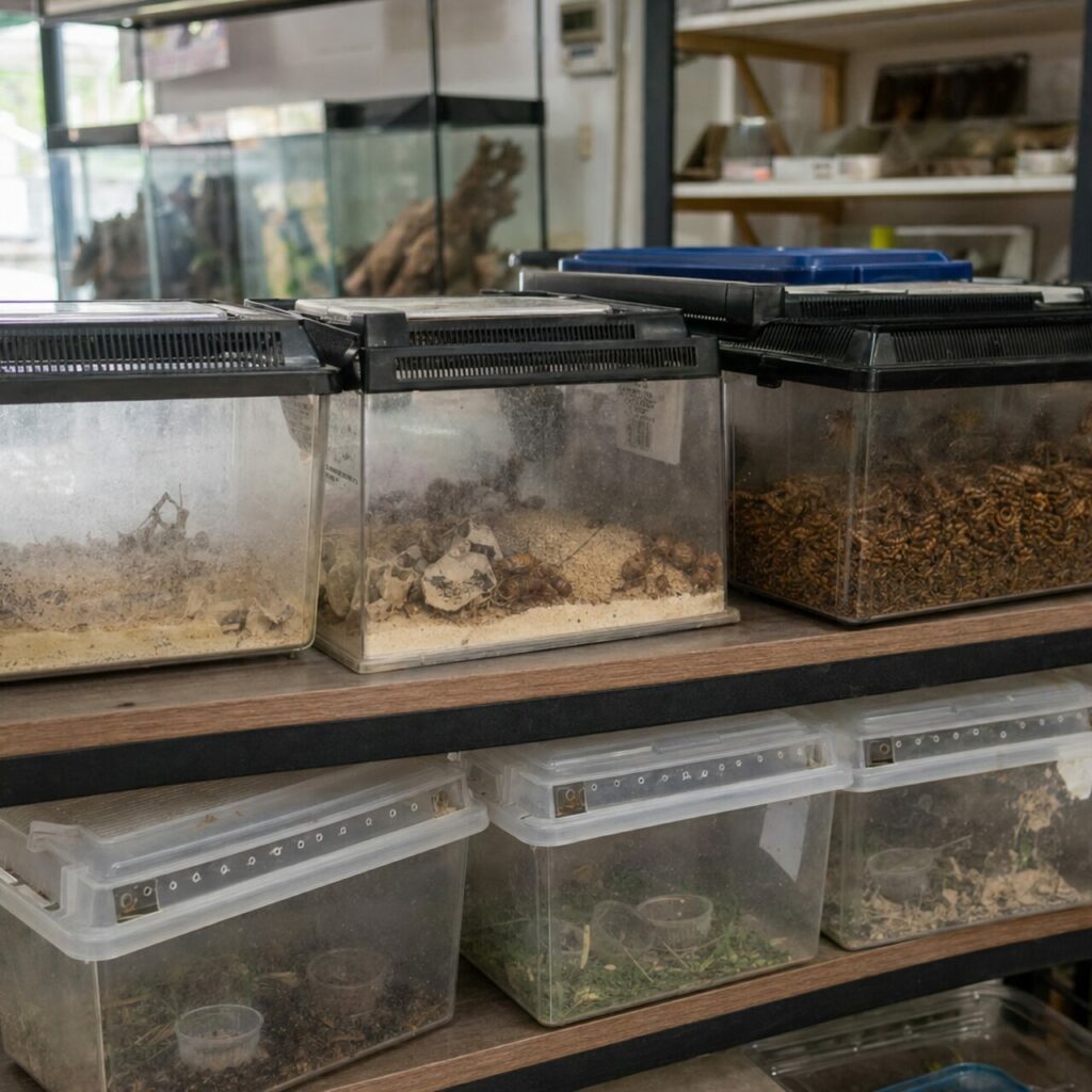 Präsentation gestapelter Futterinsektenboxen