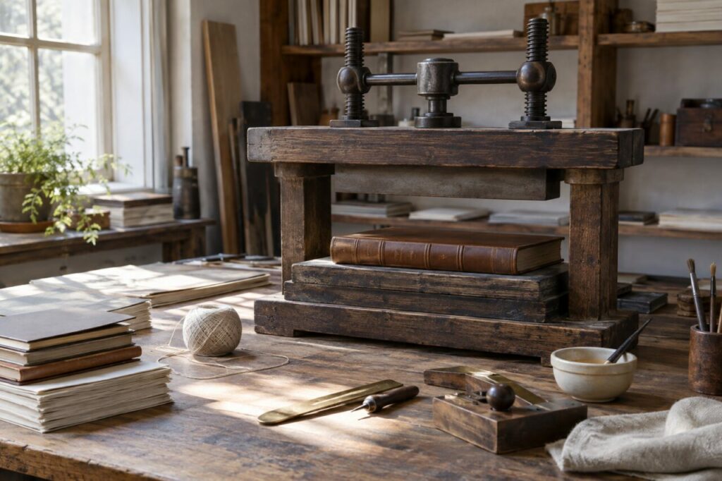 Presse en bois de relieur avec couverture en cuir et outils en laiton