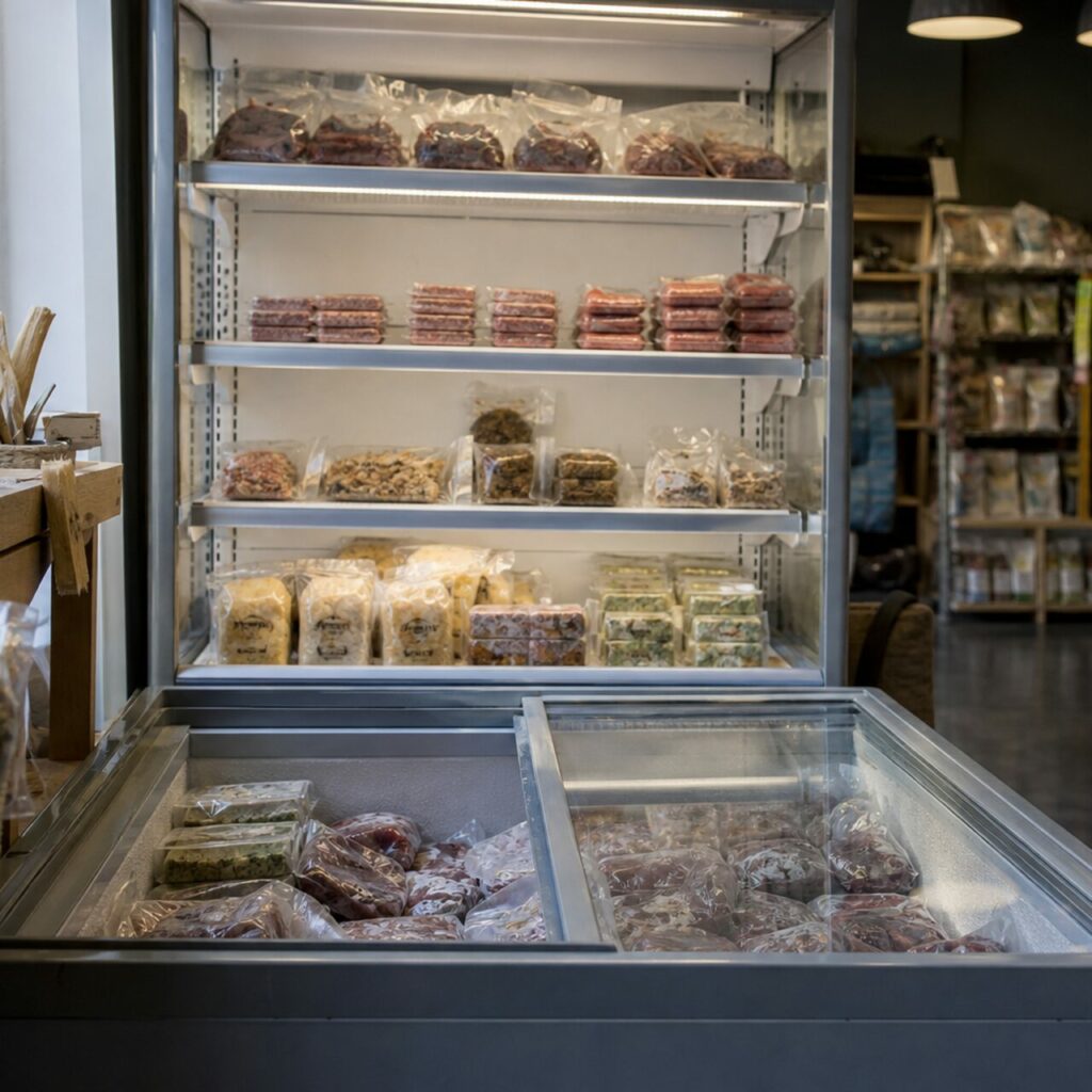 Futterprodukte für Hunde und Katzen in einer Kühlvitrine