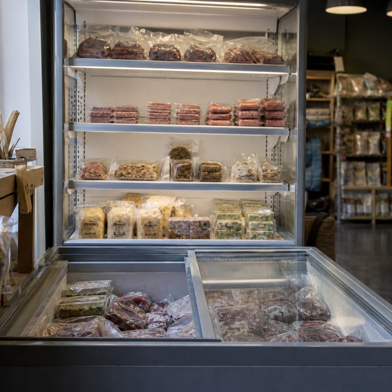 Futterprodukte für Hunde und Katzen in einer Kühlvitrine