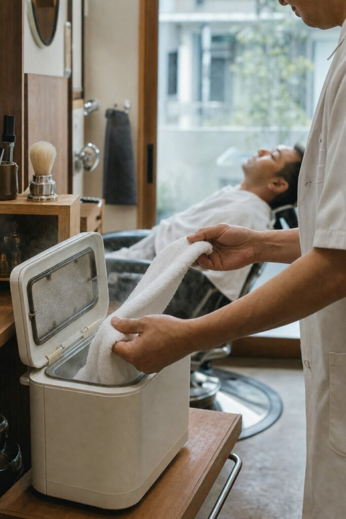 Barbier hält ein weißes Handtuch über ein geöffnetes Gerät neben einem liegenden Kunden