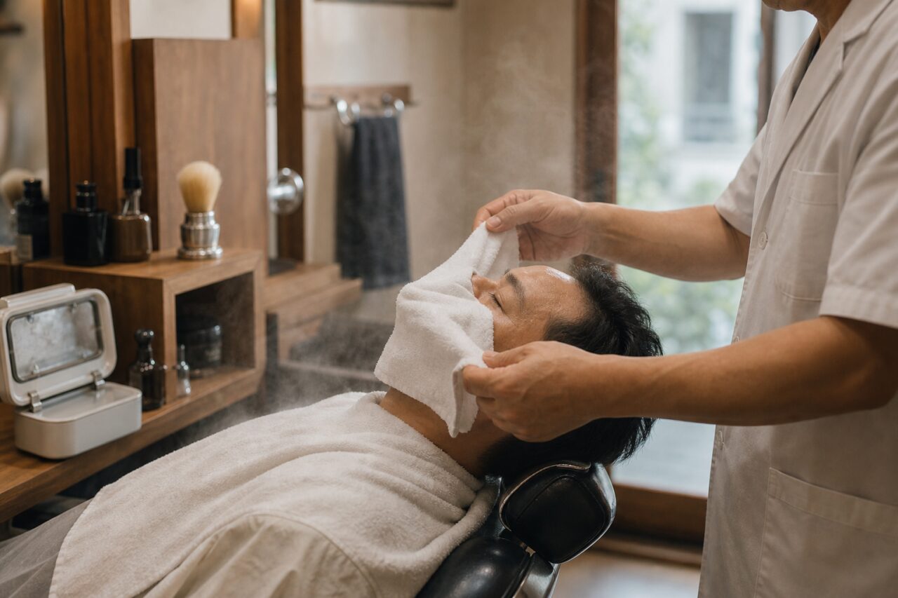 Professionnel couvrant le visage d’un client avec une serviette dans un fauteuil de barbier