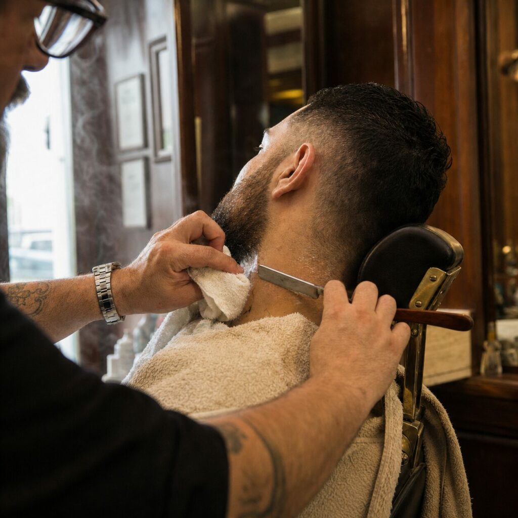 Bearded profile with a razor in a wood-lined shop