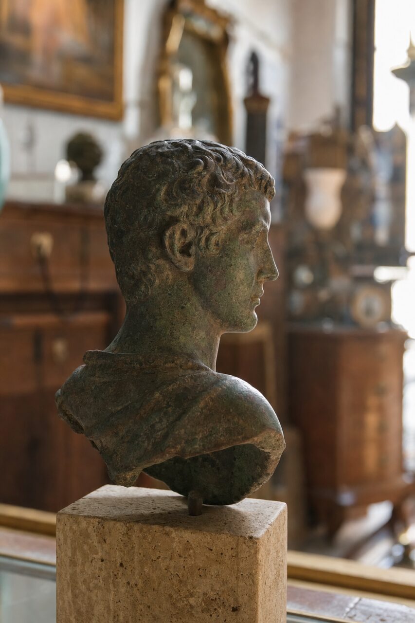Right profile of a patinated bust with curled hair