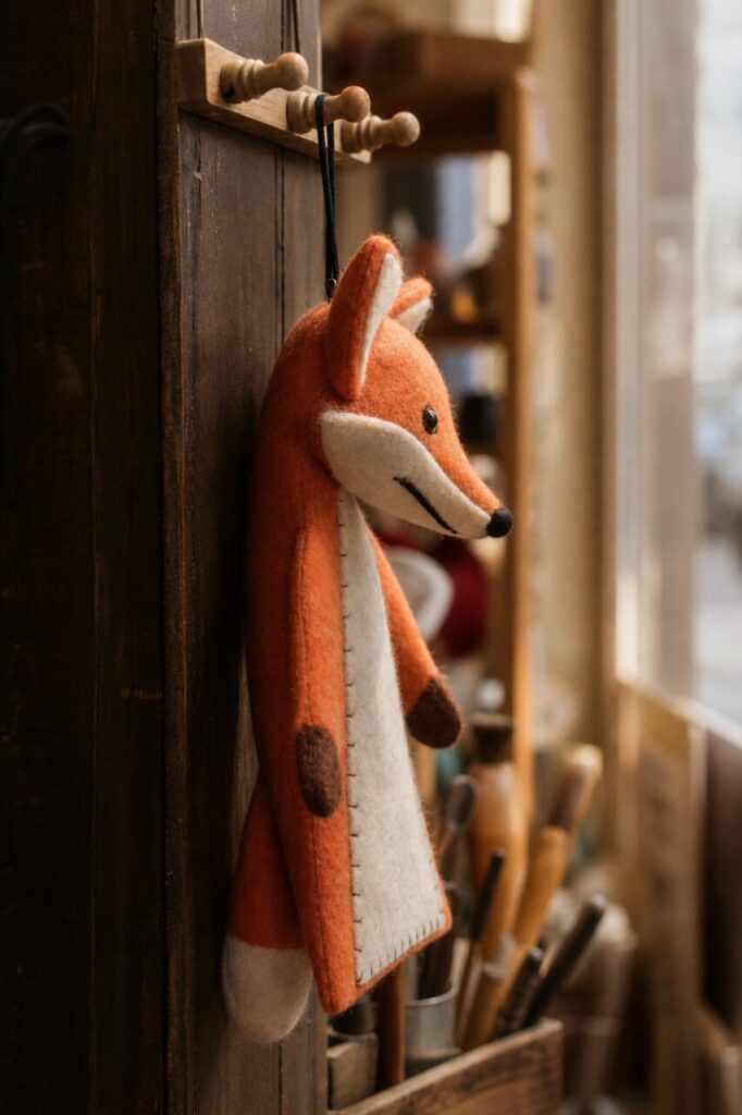 Profil du renard en feutrine près d’une fenêtre