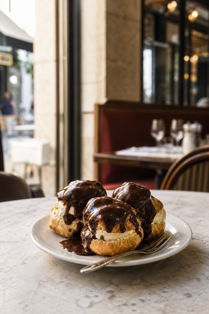 Profiteroles cobertas de chocolate em vista vertical com creme e garfo