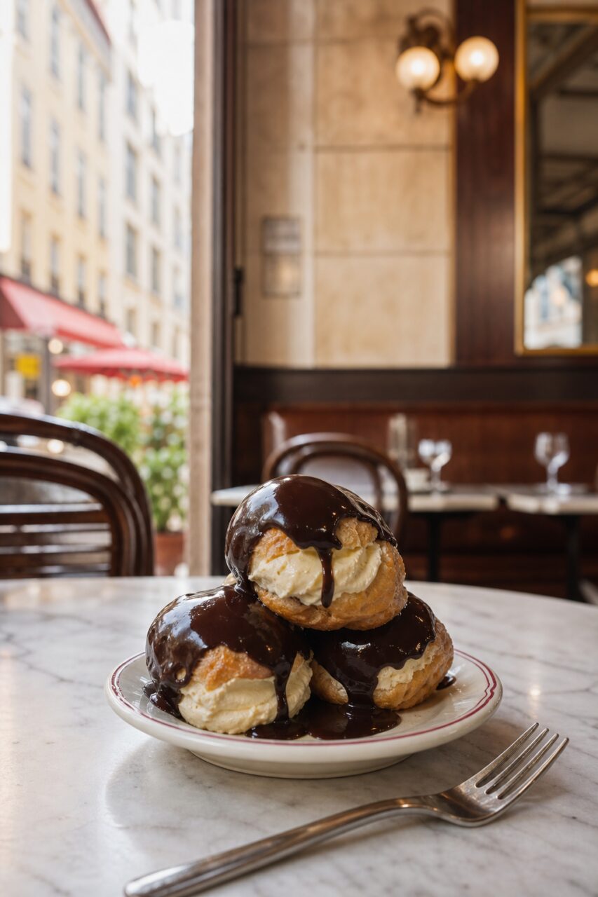 Chocolate profiteroles with fork and water glass on a marble table