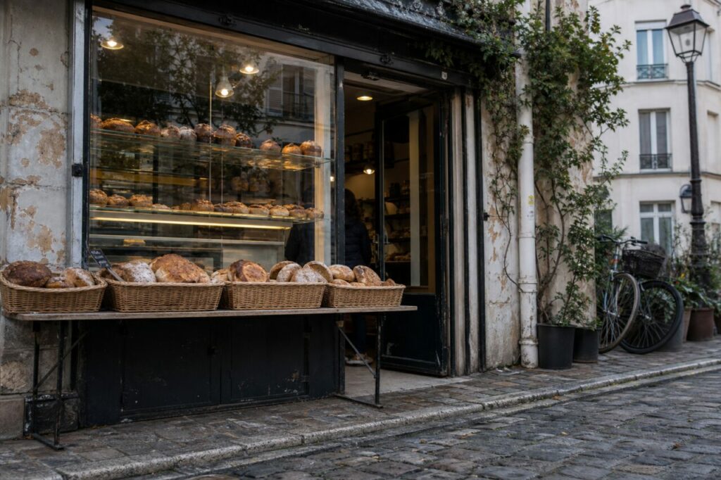 Quatre paniers de pains devant une petite boulangerie avec vélo