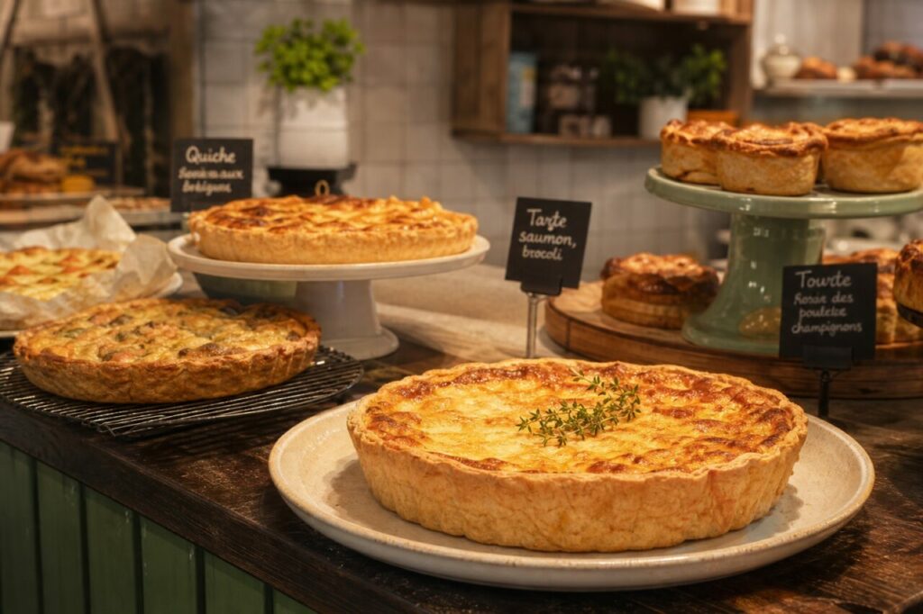 Quiches, tartes et tourtes salées en vitrine