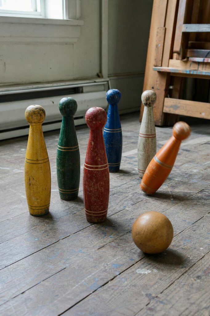 Quilles en bois colorées avec boule sur parquet d'atelier