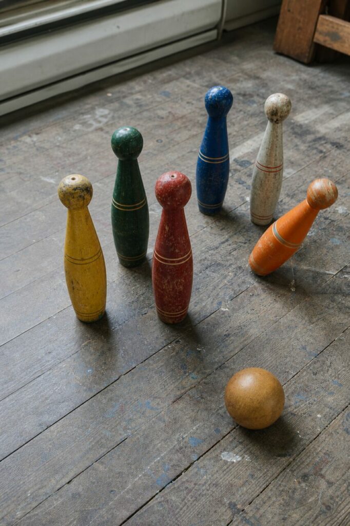 Quilles colorées et boule en bois vues de dessus