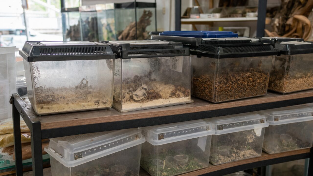 Row of ventilated terrarium insect boxes
