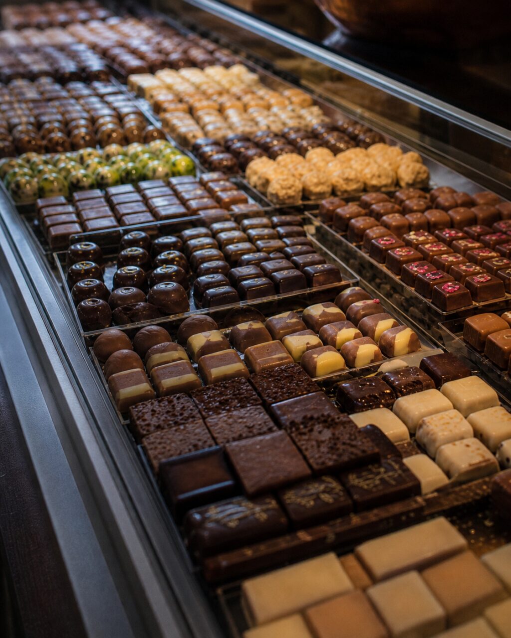 Rows of chocolates in a vertically framed display case