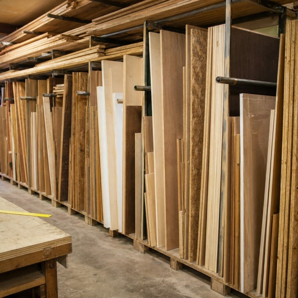 Rangement de panneaux et planches de bois vu de face