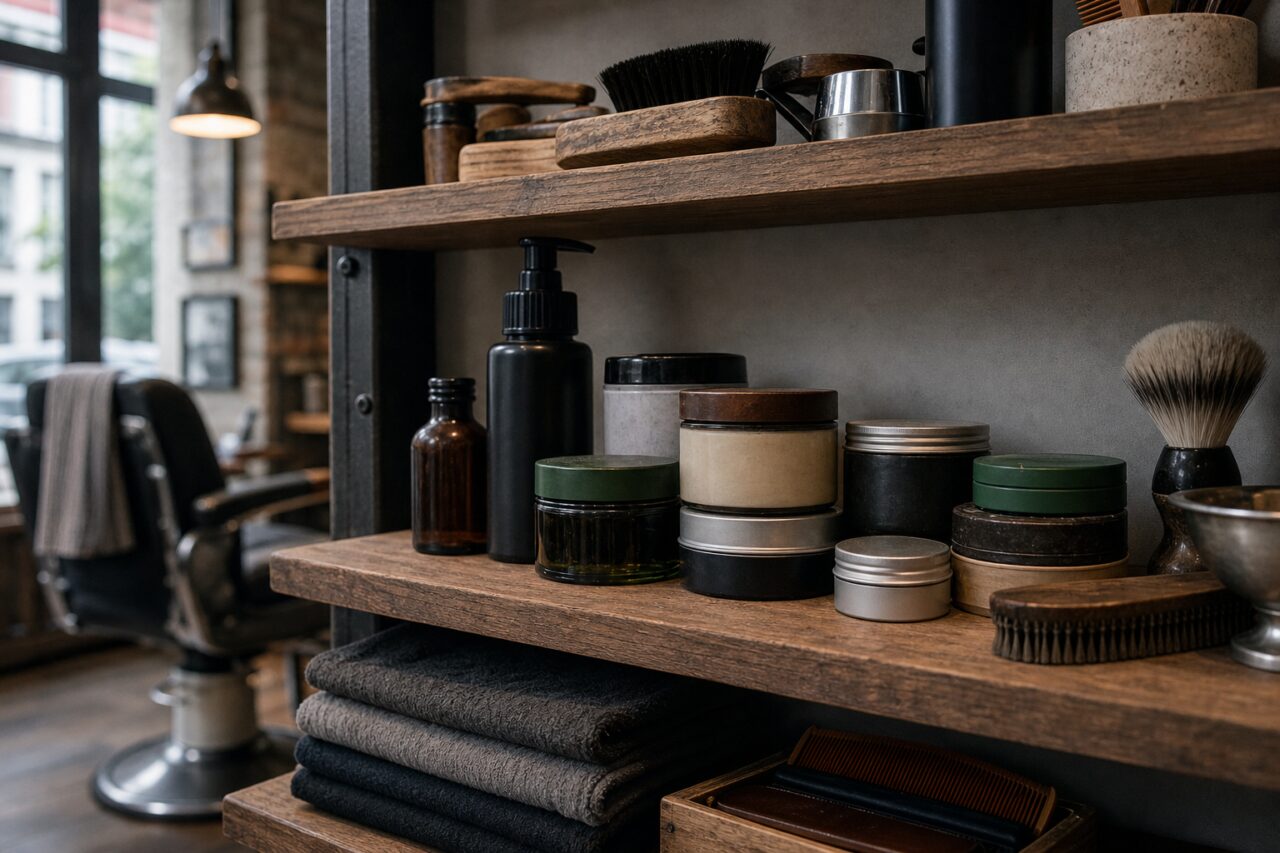 Arrumação de cuidados para a barba com toalhas e pentes
