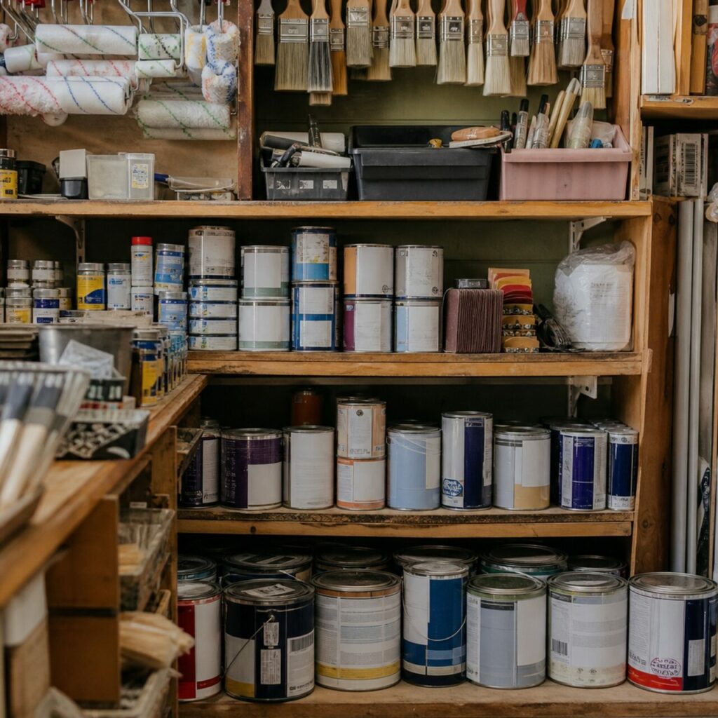 Rayon carré de pinceaux, rouleaux et pots de peinture