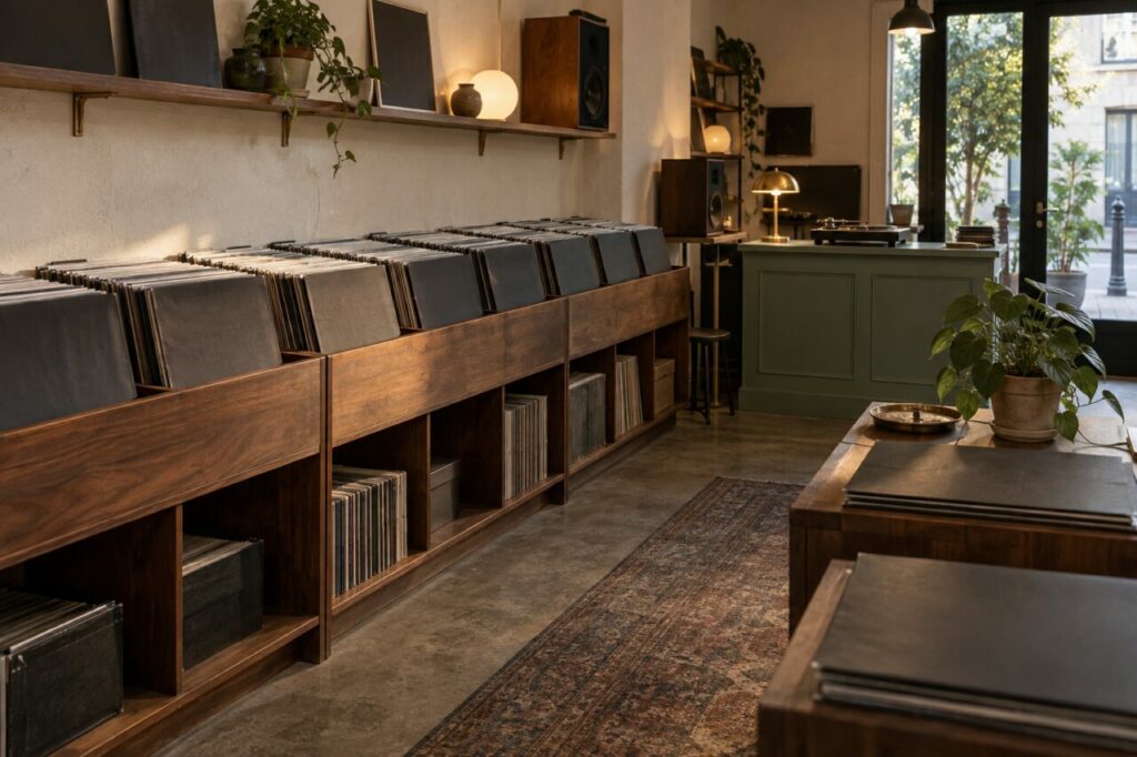 Rayon de vinyles noirs dans une petite boutique musicale de quartier