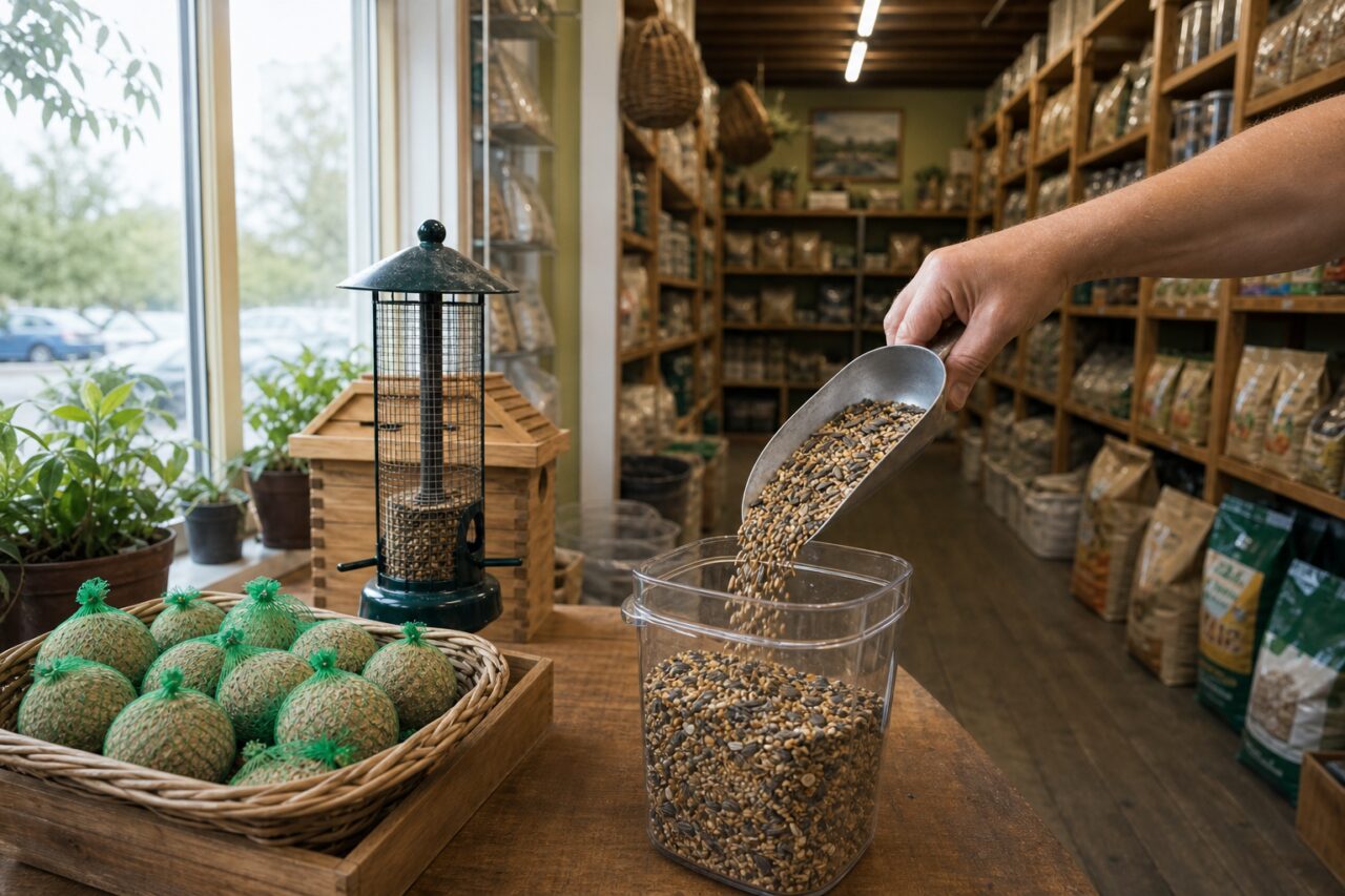 Vogelfutter mit Spender und Meisenknödeln im Laden