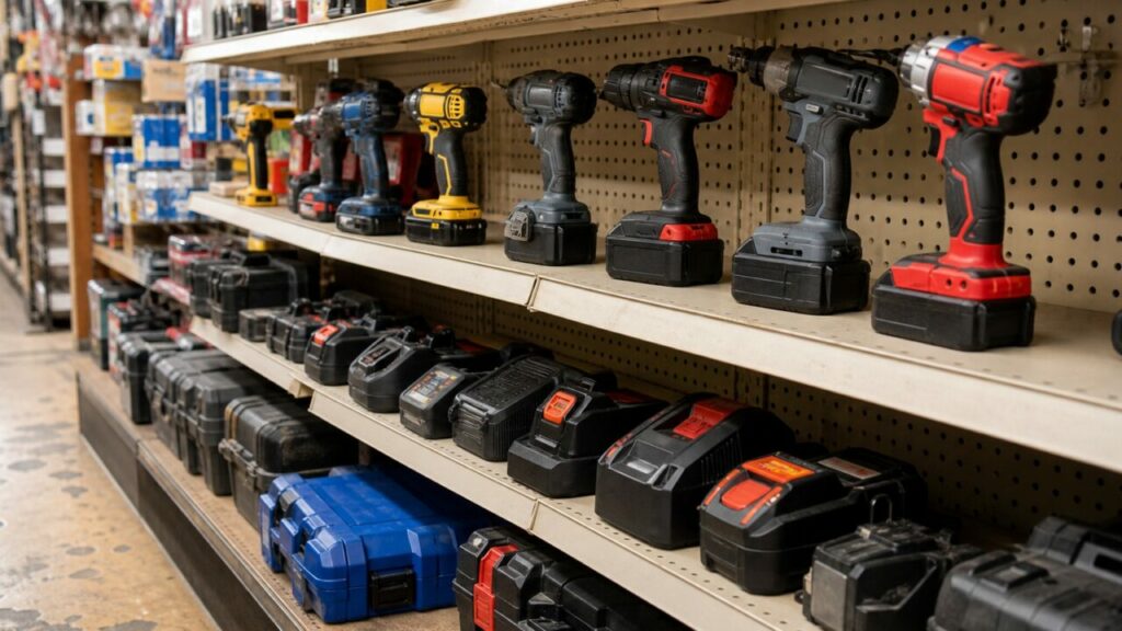 Rayon de perceuses sans fil et coffrets de batteries dans un magasin de bricolage