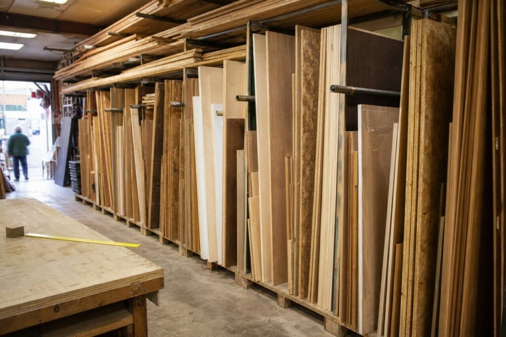 Rayon de planches et panneaux de bois dans un magasin de bricolage