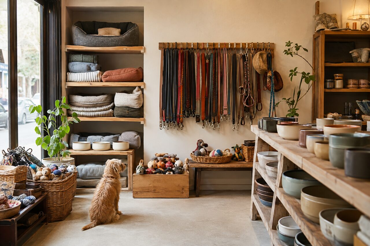 Schappen van een dierenwinkel met manden, dekens en zakken voer