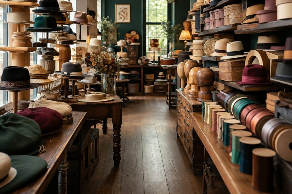 Rayonnage de chapellerie avec chapeaux, rubans et formes en bois