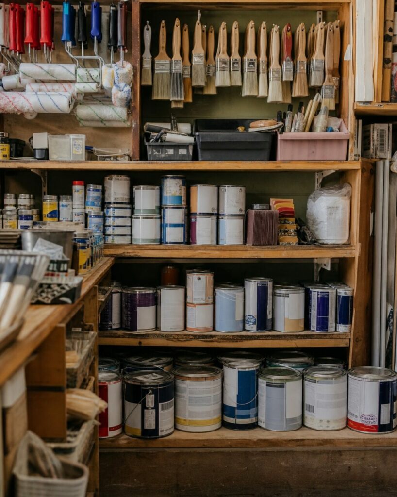 Rayonnage vertical de pots de peinture et pinceaux dans un atelier