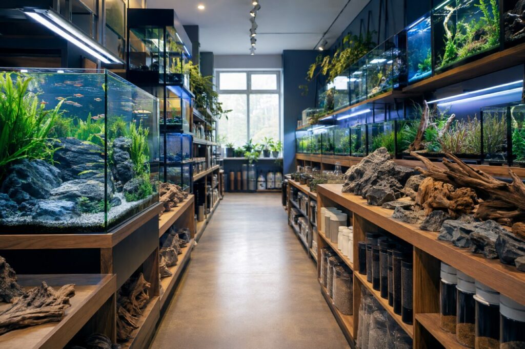 Aquariumplanken met stenen, takken en planten