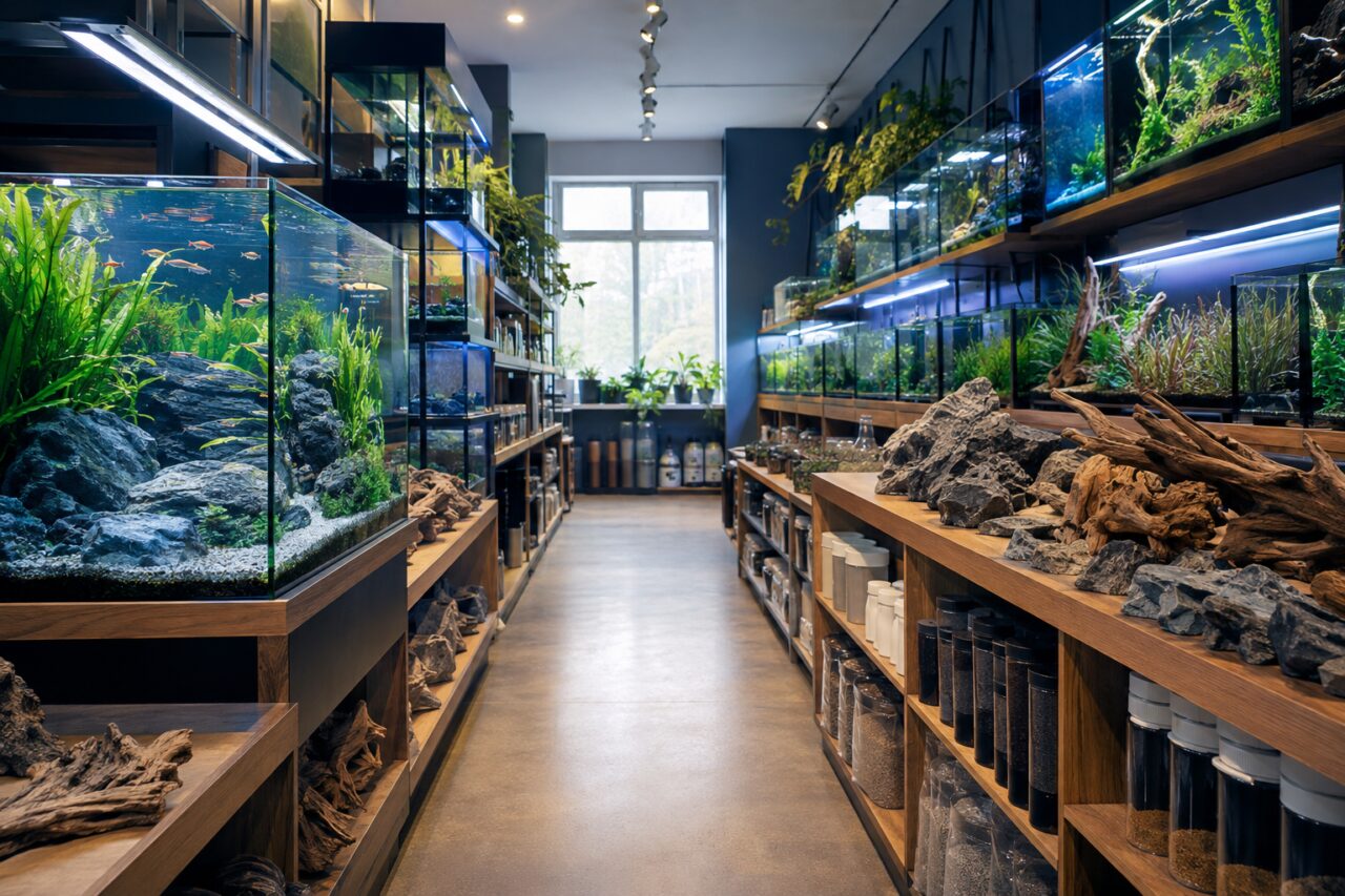 Rayonnages d’aquariums avec pierres, branches et plantes