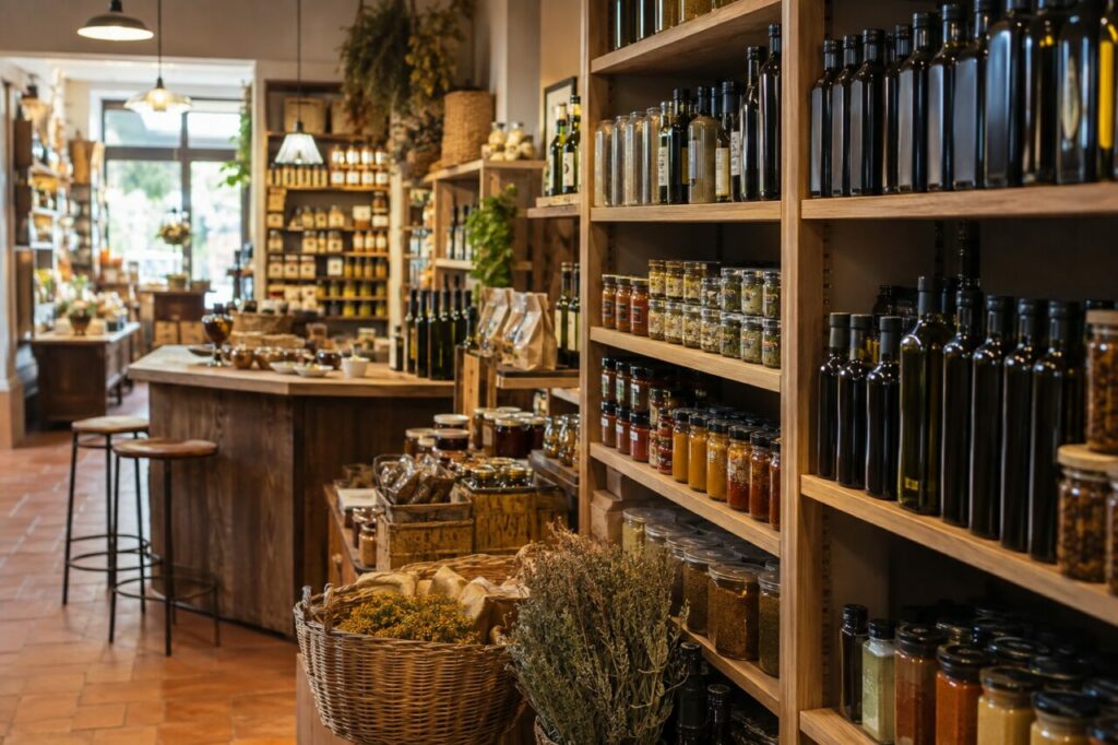 Rayons de produits régionaux — Huiles, conserves, bouteilles et paniers autour du comptoir
