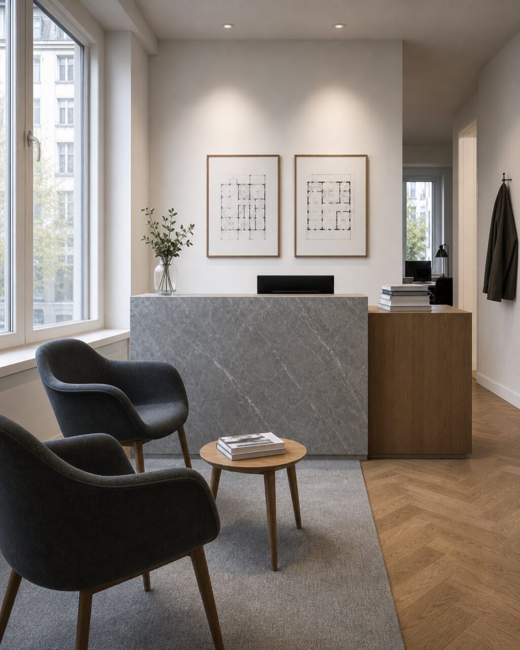 Minimalistischer Immobilienempfang in Zürich